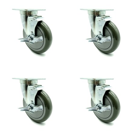 Service Caster SCC - 5" x 1.25" Gray Polyurethane Wheel Swivel Casters w/Brake, 4PK SCC-20S514-PPUB-TLB-TPU1-4